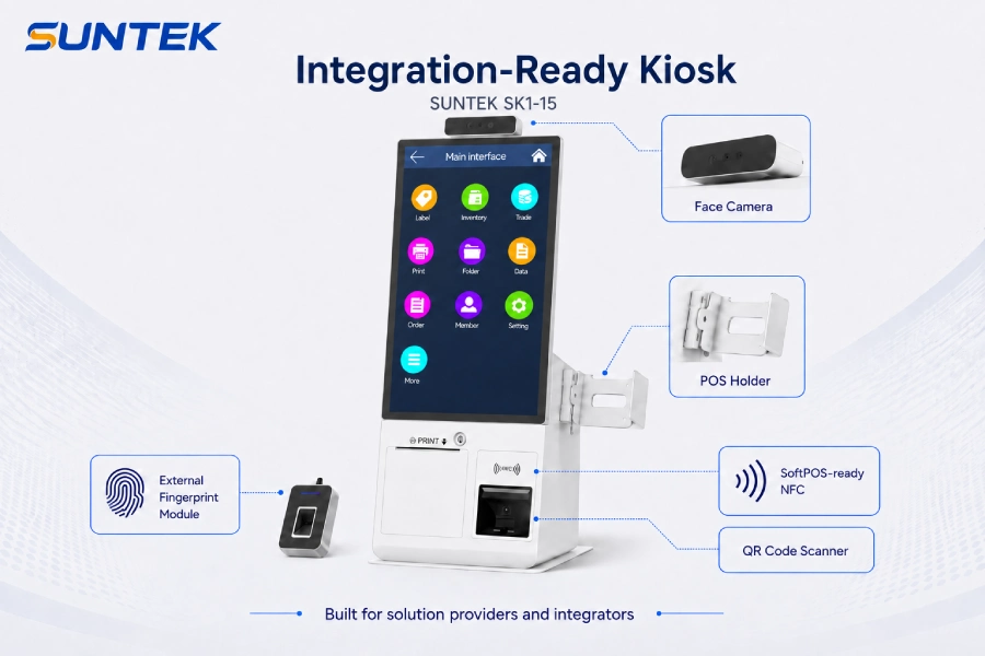 SUNTEK SK1-15 integration-ready kiosk workflow for solution providers, system integrators, service counters, payment and ID workflows, and multi-store rollout