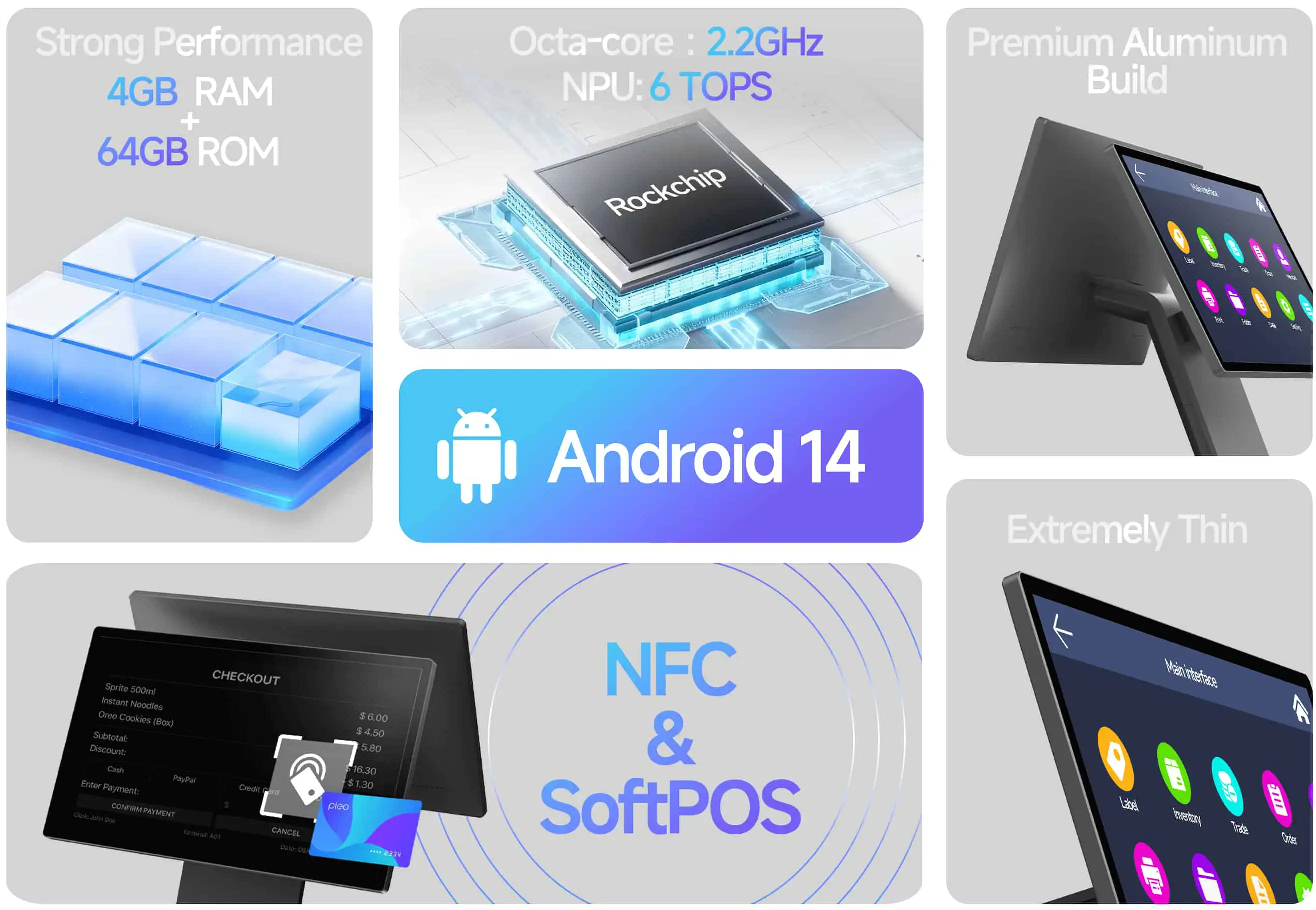 SUNTEK SC1 desktop pos featuring stable Android 14, Rockchip 6 TOPS NPU, 4GB RAM + 64GB ROM, and NFC SoftPOS support.