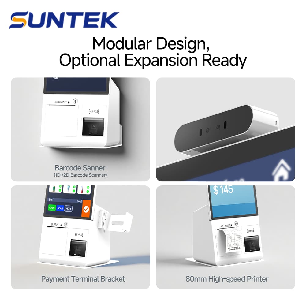 Modular design of SK1-15 mini kiosk showing barcode scanner, payment terminal bracket, and 80mm high-speed thermal printer.