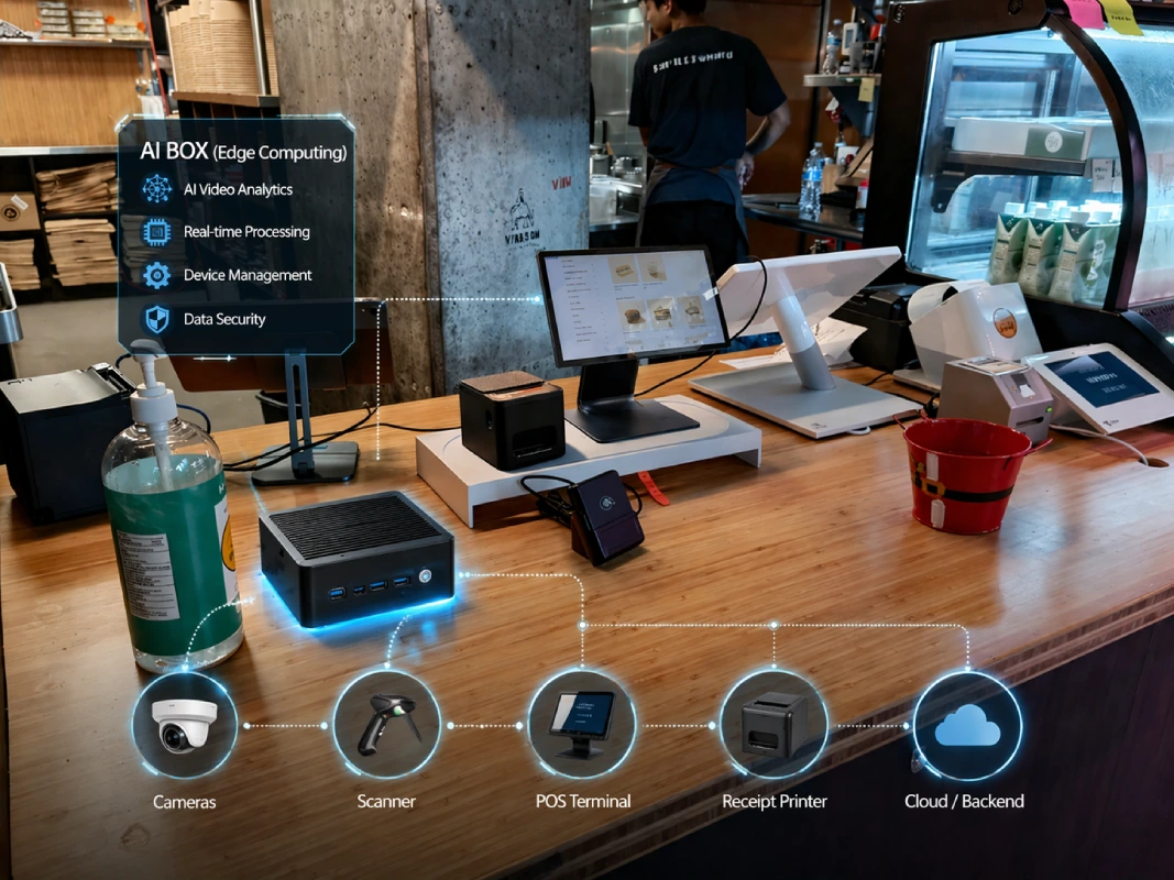AI-enhanced POS checkout system in retail store with smart terminal and connected devices