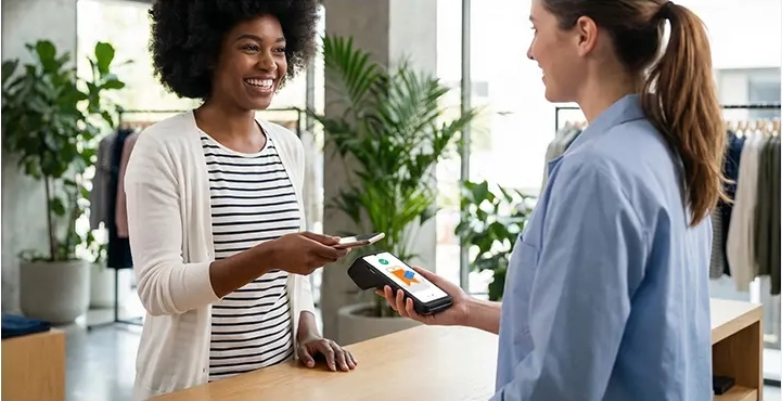 SUNTEK mobile payment terminal processing a secure contactless transaction via smart pos in a retail store.