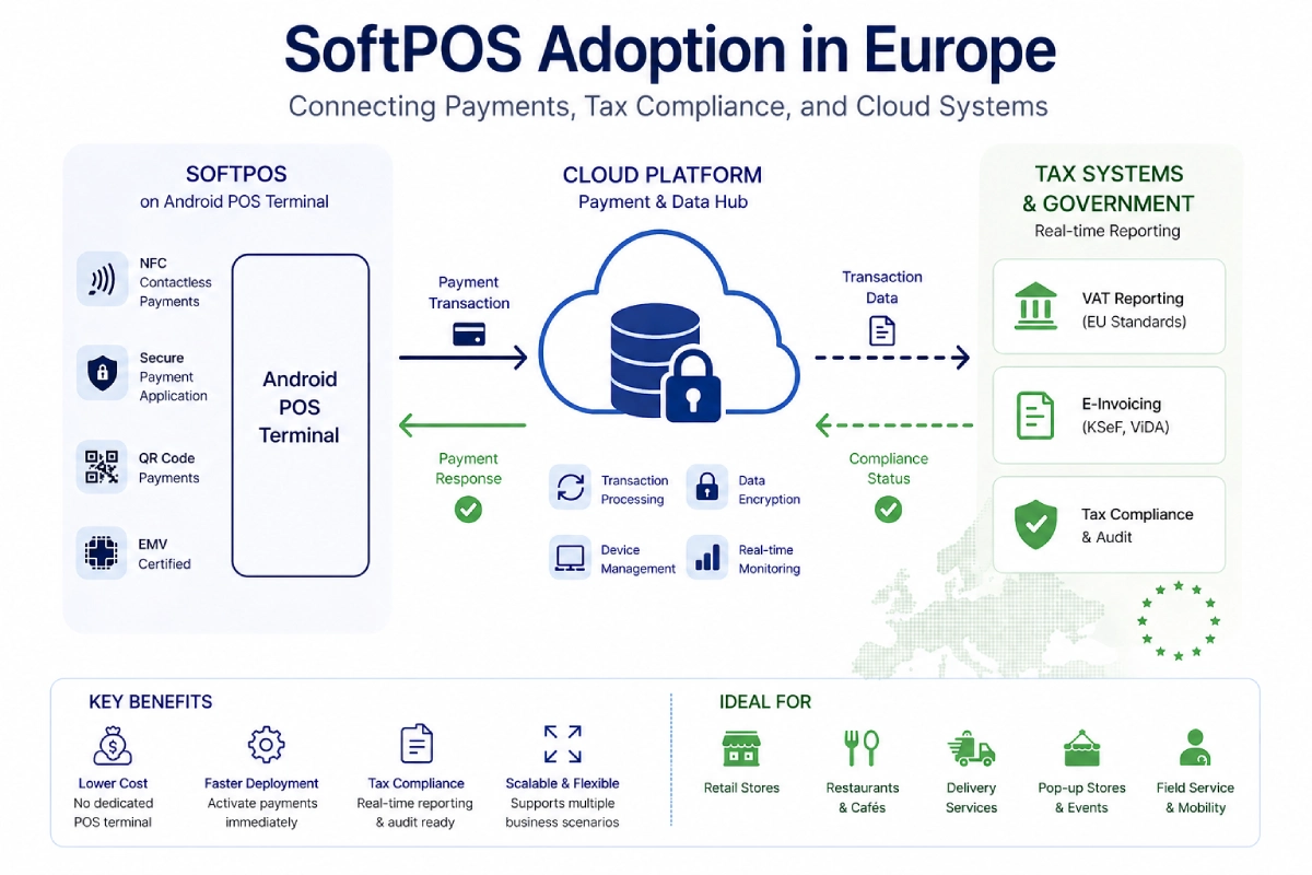 SUNTEK SoftPOS-ready Android POS terminal for Europe tax compliance, digital payment, and cloud reporting
