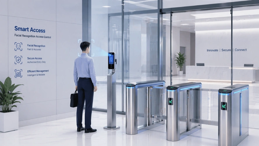 facial recognition terminal used for enterprise access control at office entrance