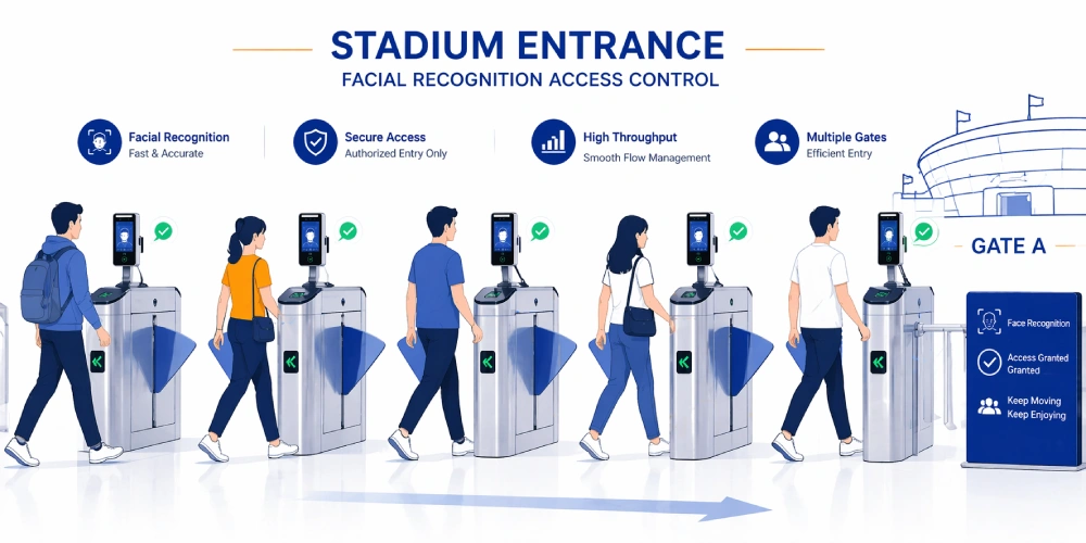facial recognition access control system handling high traffic at stadium entrance