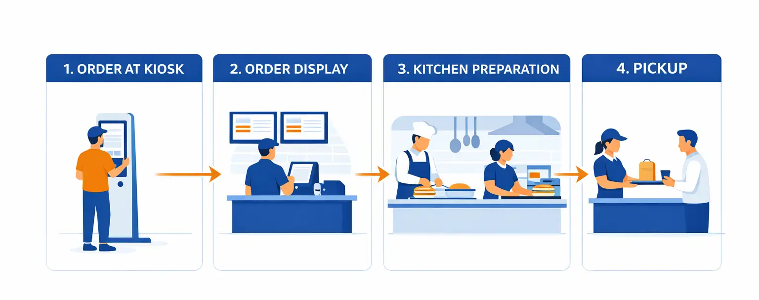 Fast food self-service kiosk workflow showing ordering, order display system, kitchen preparation, and pickup process with multiple kiosk terminals.