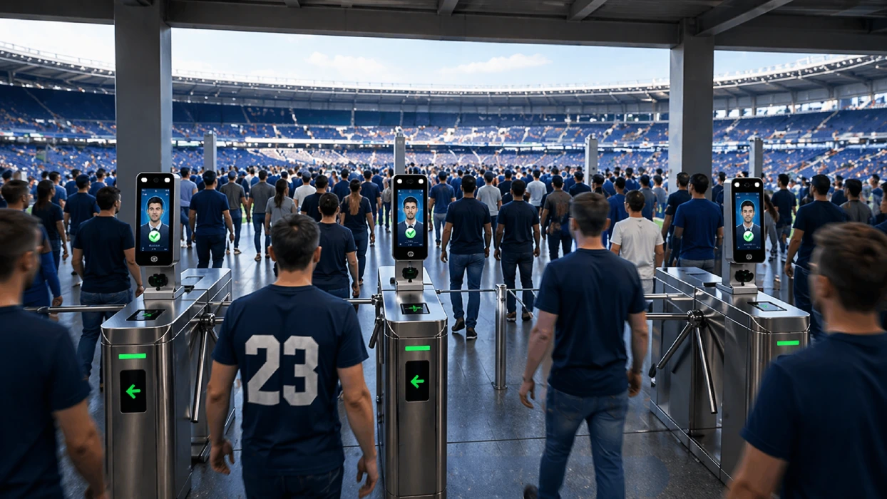 High throughput stadium facial recognition ticketing scene
