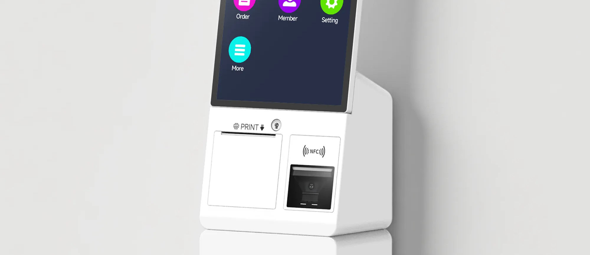 SUNTEK SK1-15 mini self-service kiosk with integrated NFC sensor above scanner for Softpos payment