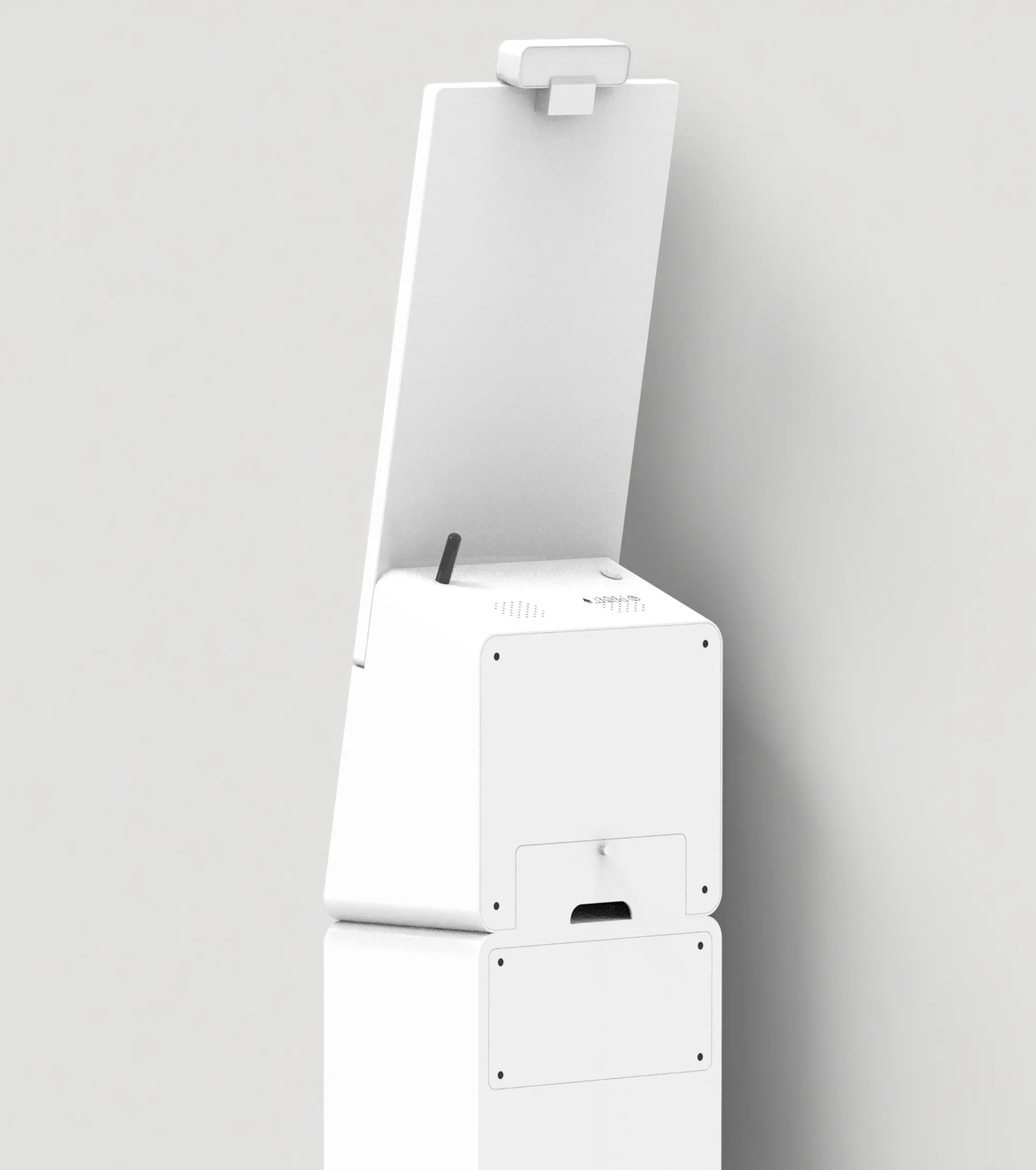 Close-up of the minimalist aluminum structure of the SK1-15 mini self-service kiosk