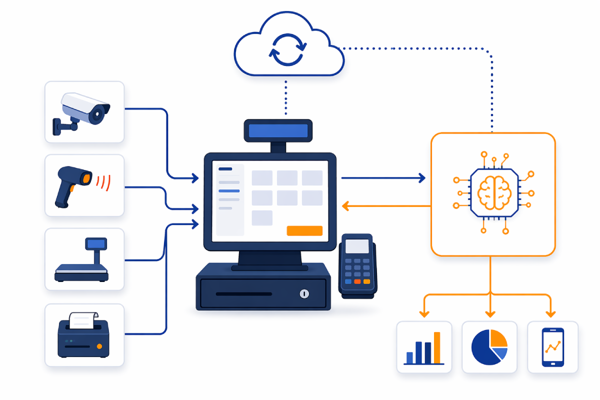 POS system connected with AI box showing data processing and device integration architecture