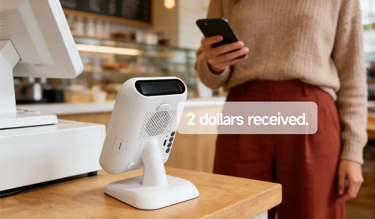 qr payment device with real time voice payment confirmation in store