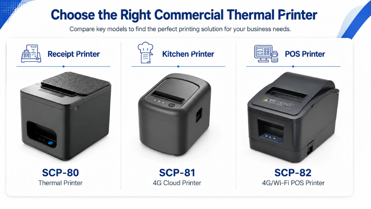 Comparison of receipt printer kitchen printer and POS printer use cases with SUNTEK SCP-80 SCP-81 and SCP-82