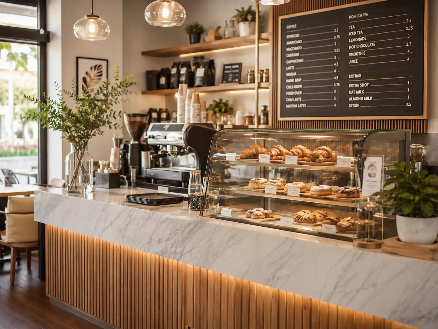 Café and beverage store counter scene for compact self-ordering kiosk hardware