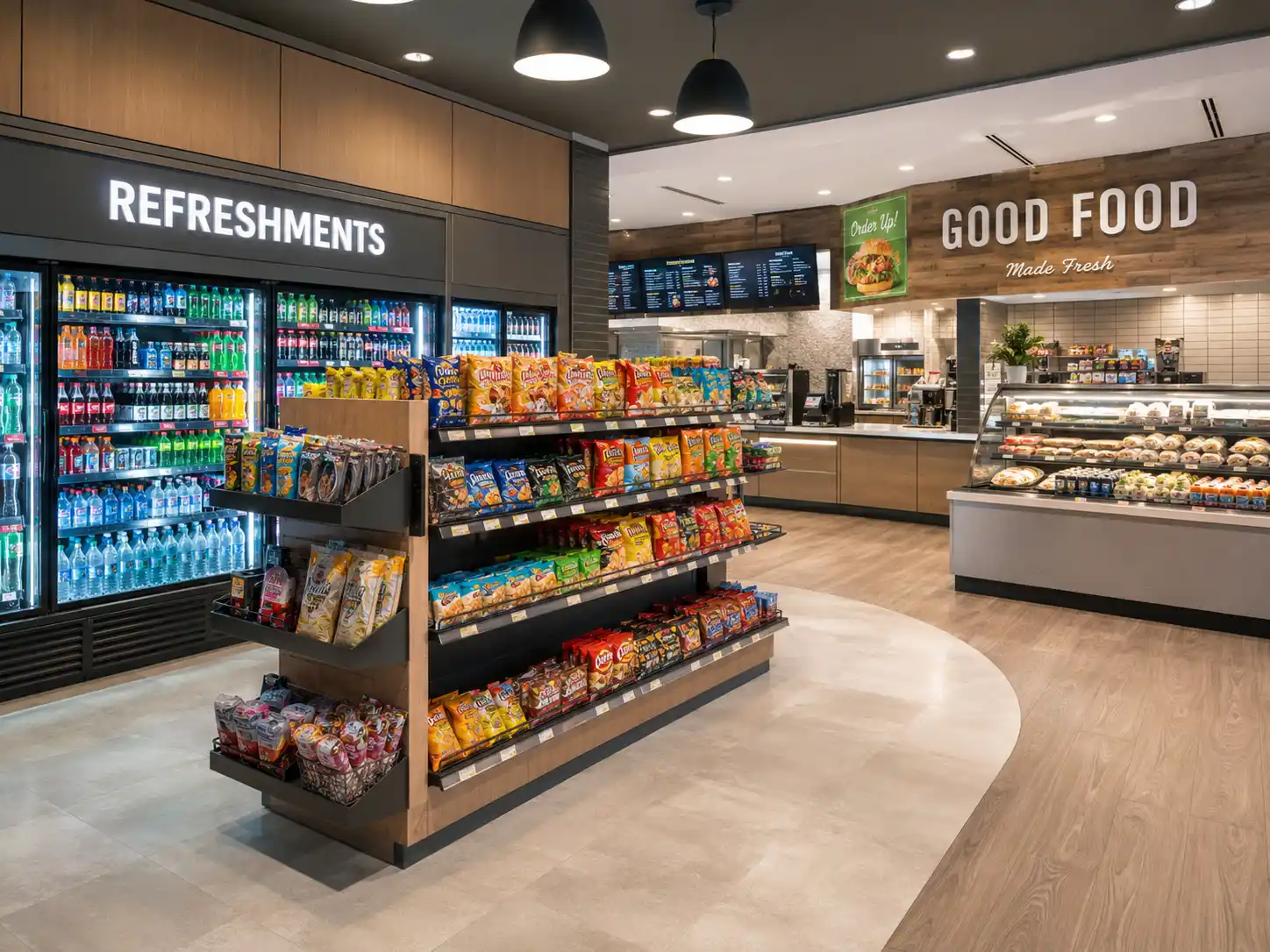 Convenience store and retail food area scene for self-ordering and checkout kiosk hardware