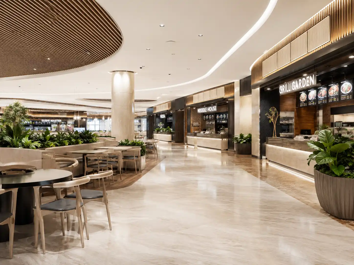 Shopping mall food court scene for self-ordering kiosk hardware deployment