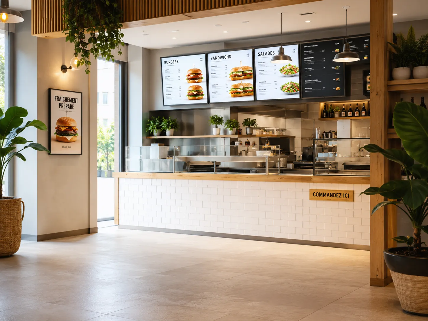 QSR restaurant interior for restaurant self-ordering kiosk hardware deployment