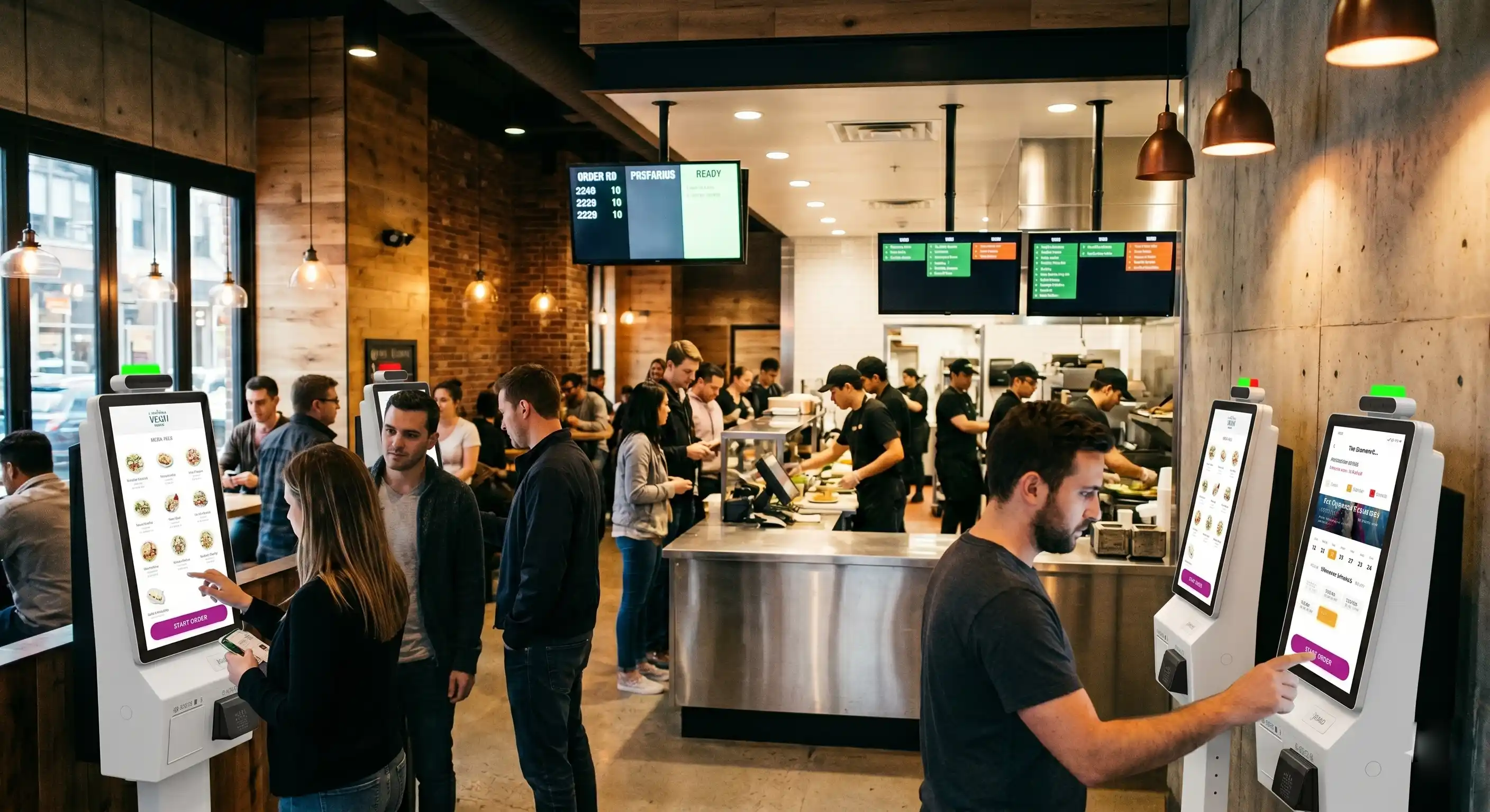 restaurant self-service kiosk with peak ordering workflow and kitchen integration