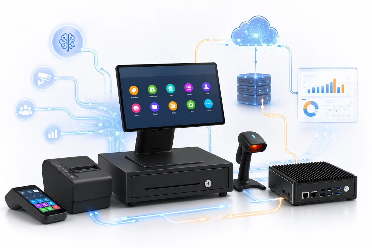 Smart POS terminal integrated with AI box for enhanced checkout performance and system capability