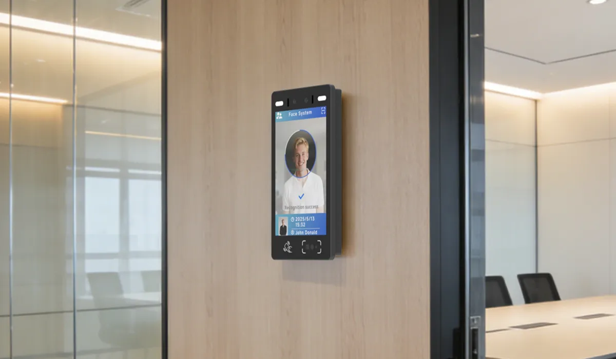 SUNTEK Smart Security Solution: An integrated facial recognition access control and time attendance terminal deployed in a modern corporate office environment.