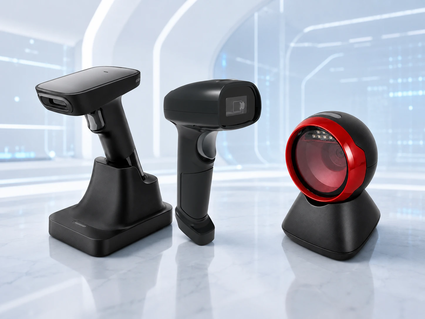 SUNTEK barcode scanner series including wired, wireless, and desktop scanners for POS systems