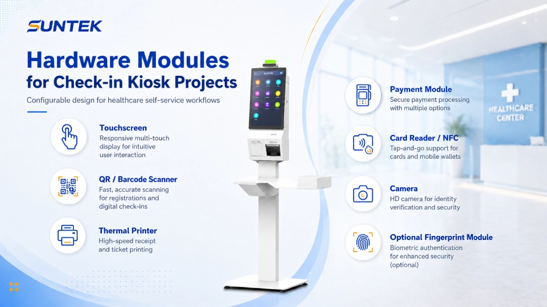 SUNTEK check-in kiosk hardware configuration with touchscreen scanner printer payment card reader and optional biometric module