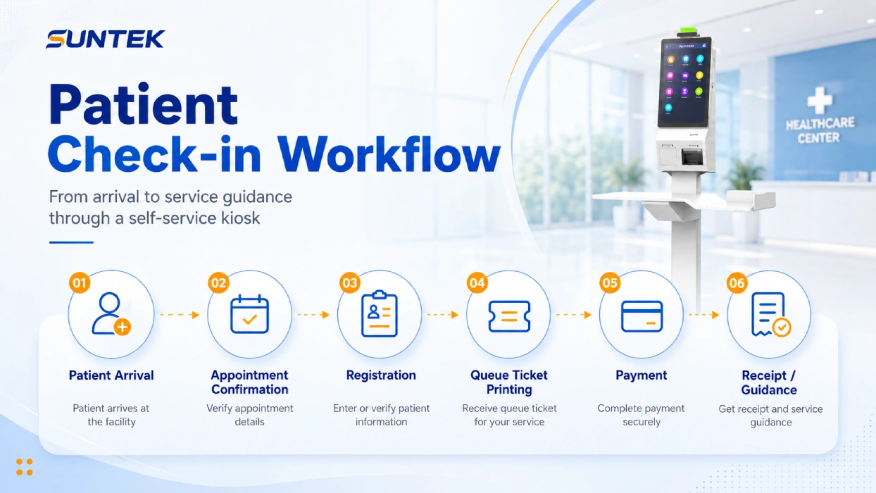 Check-in kiosk patient registration workflow with appointment confirmation queue ticket payment and receipt printing