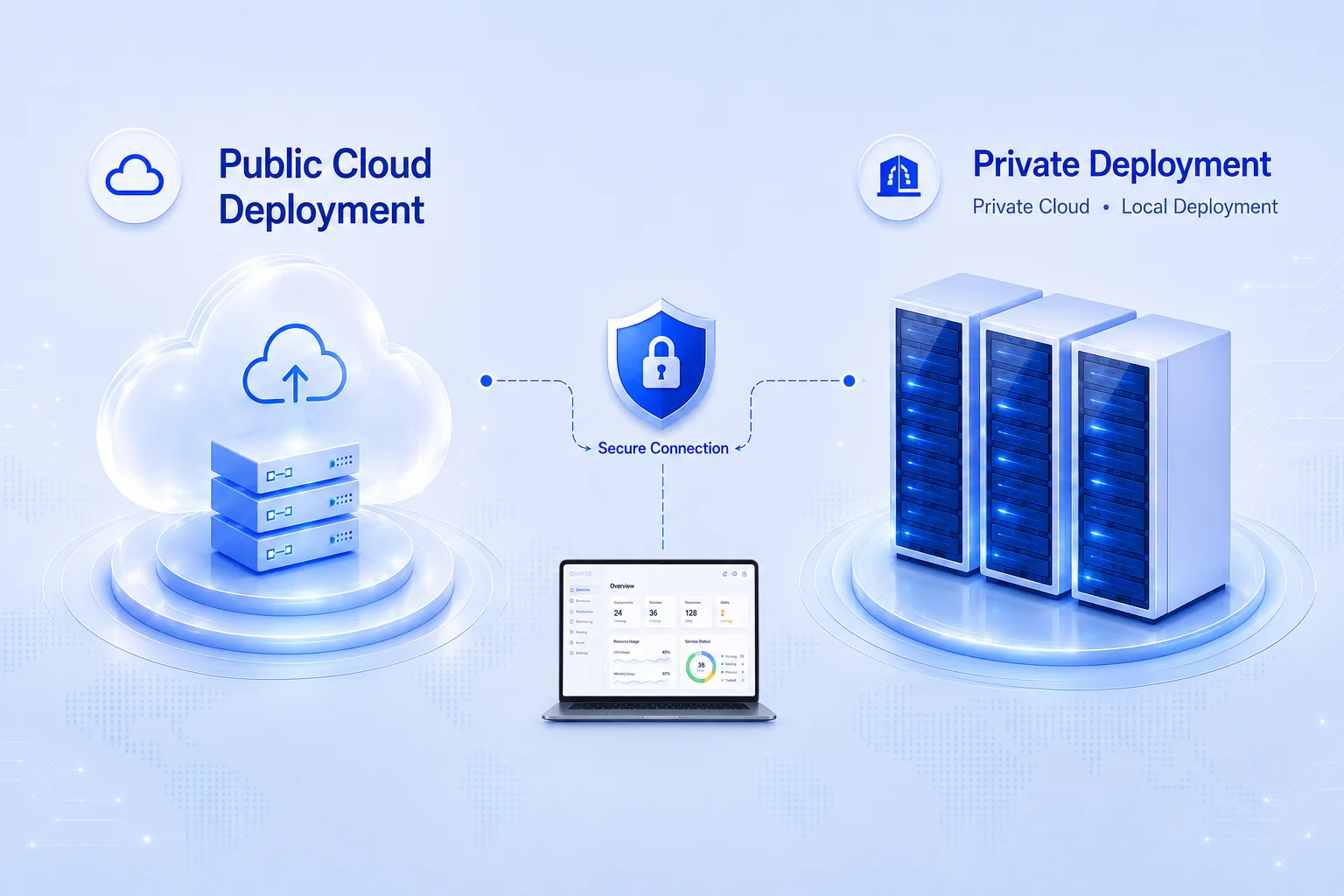 SUNTEK Cloud and Private Deployment platform service visual showing public cloud deployment, private deployment, secure connection, and device management