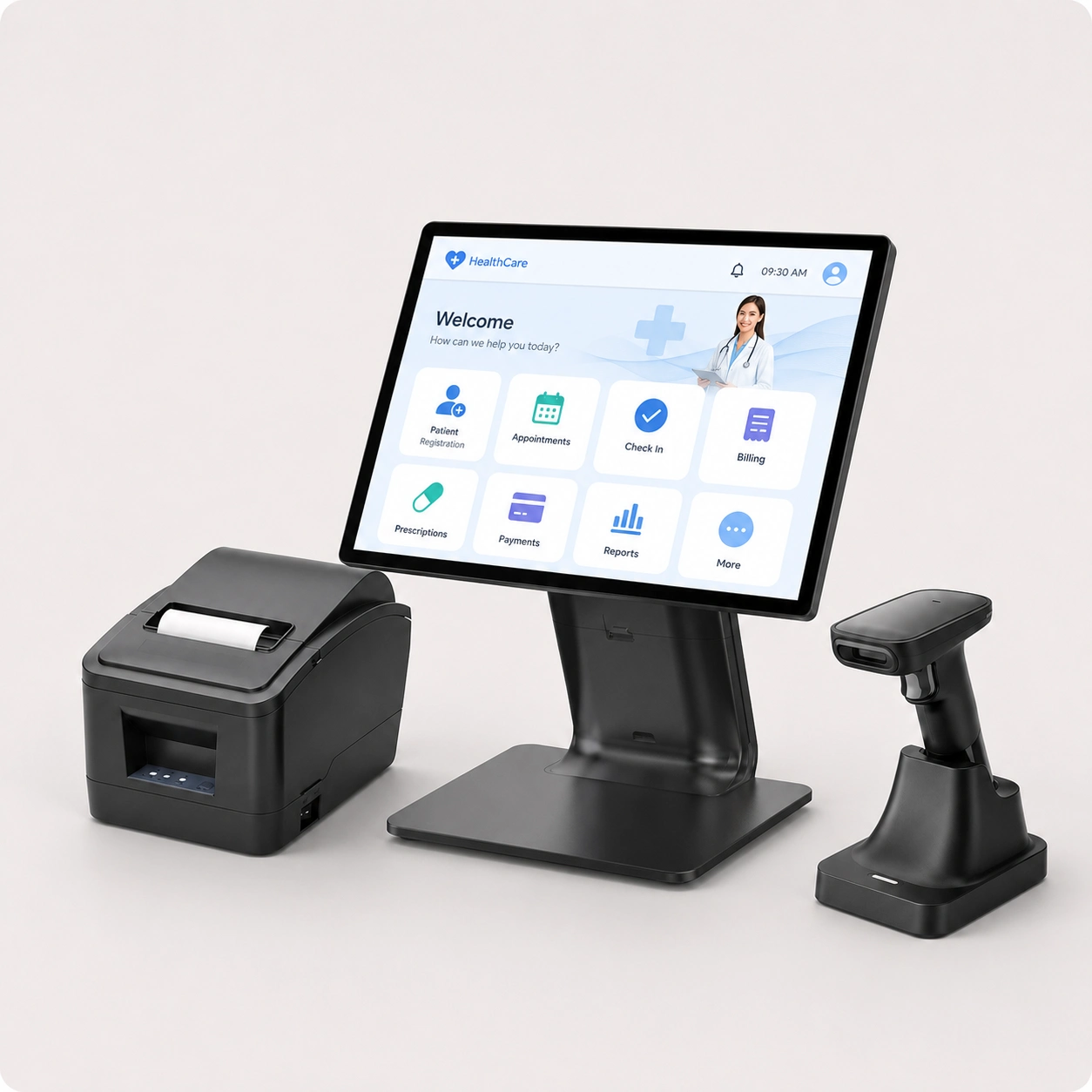 SUNTEK counter terminal with receipt printer and barcode scanner for healthcare reception and pharmacy service