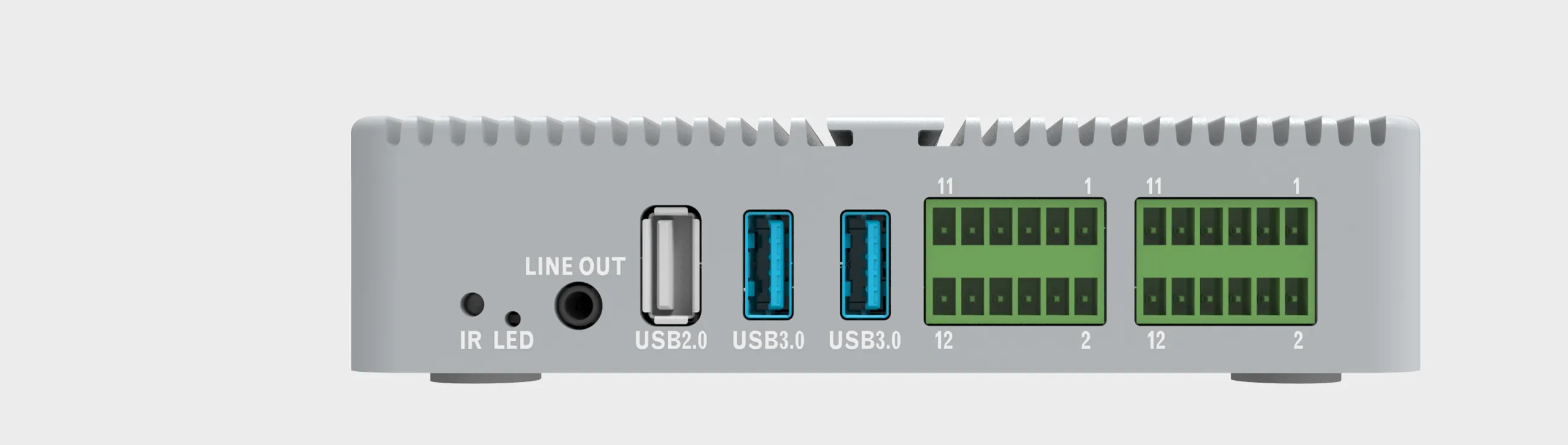 Back interface of Suntek SA7 edge AI box with USB ports RS485 industrial IO terminals and audio output