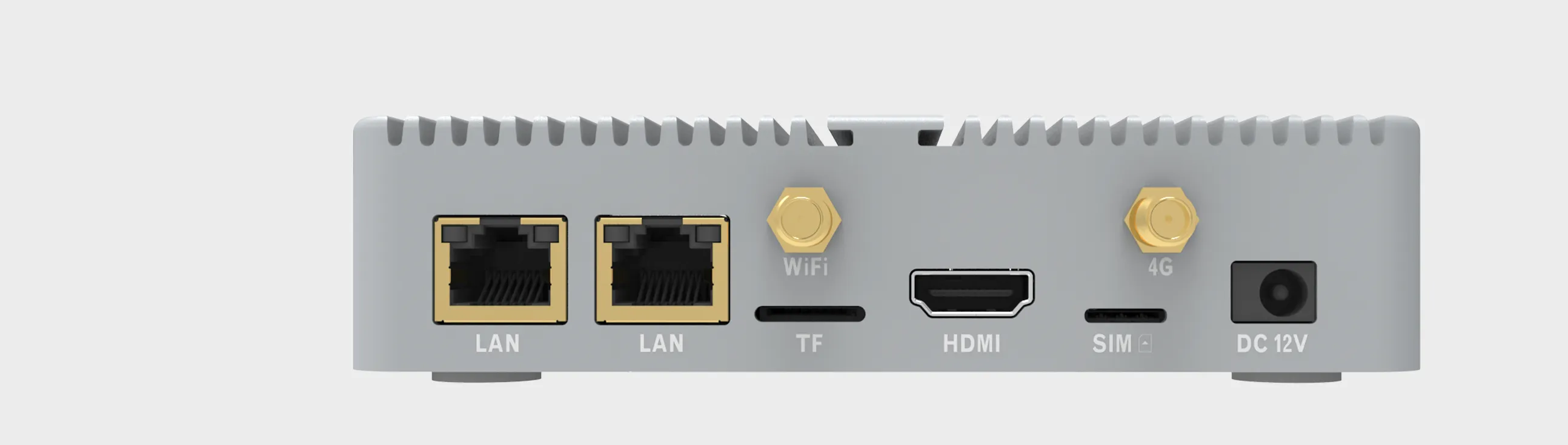 Front interface of Suntek SA7 edge AI box showing dual LAN ports HDMI TF card slot SIM slot and DC power input