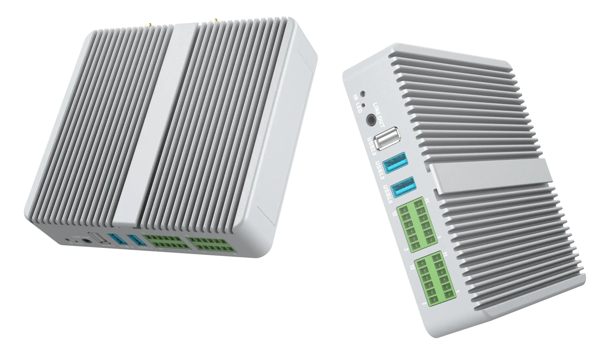 Suntek SA7 edge AI box shown in dual-angle view with fanless aluminum housing for industrial edge computing applications