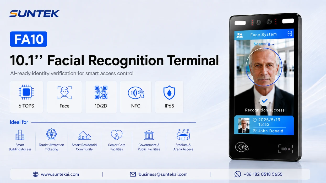SUNTEK FA10 10.1-inch AI facial recognition terminal for smart access control with IP65 protection