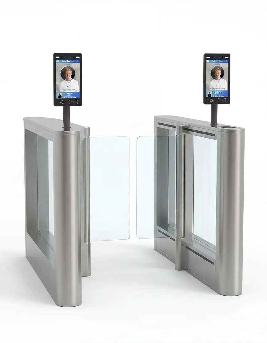 High-speed SUNTEK FA10 face recognition terminal mounted on turnstiles for campus security