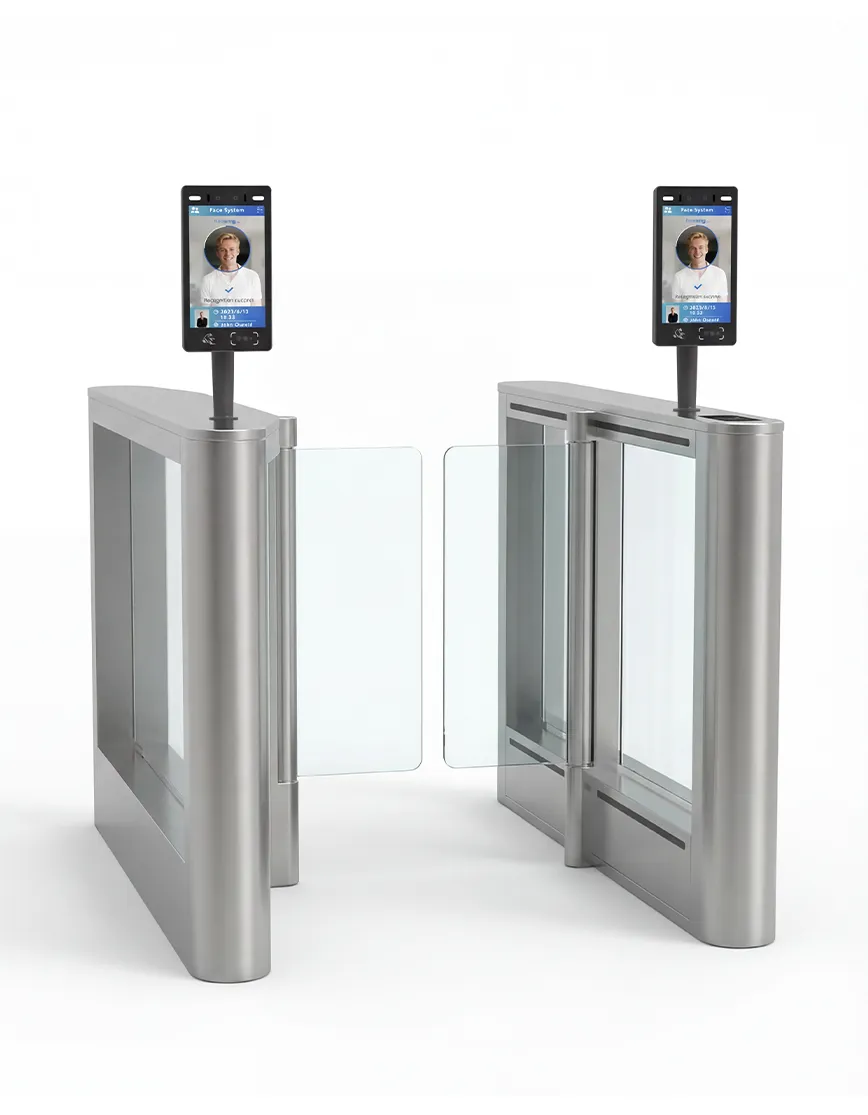 SUNTEK FA8 facial recognition biometric machine mounted on a turnstile gate