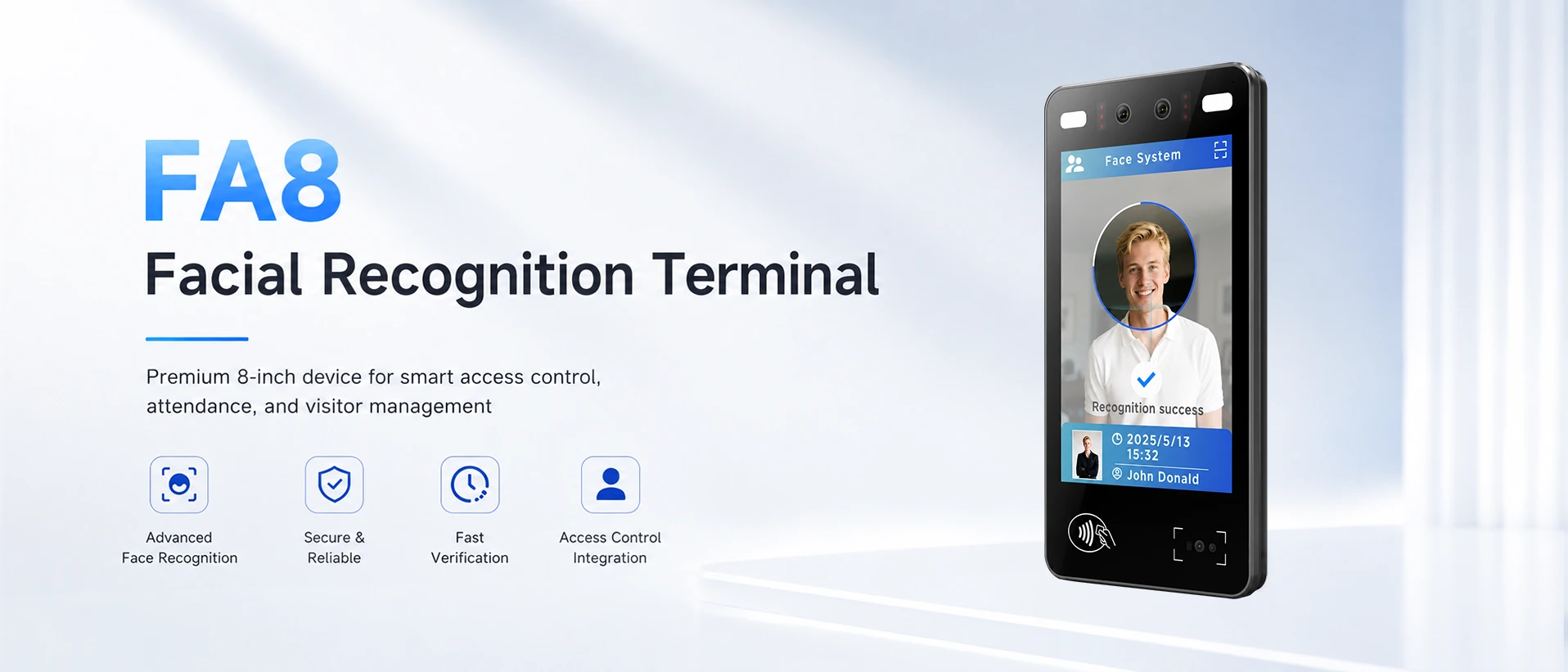 Updated SUNTEK FA8 8-inch facial recognition terminal for access control, attendance, and visitor management