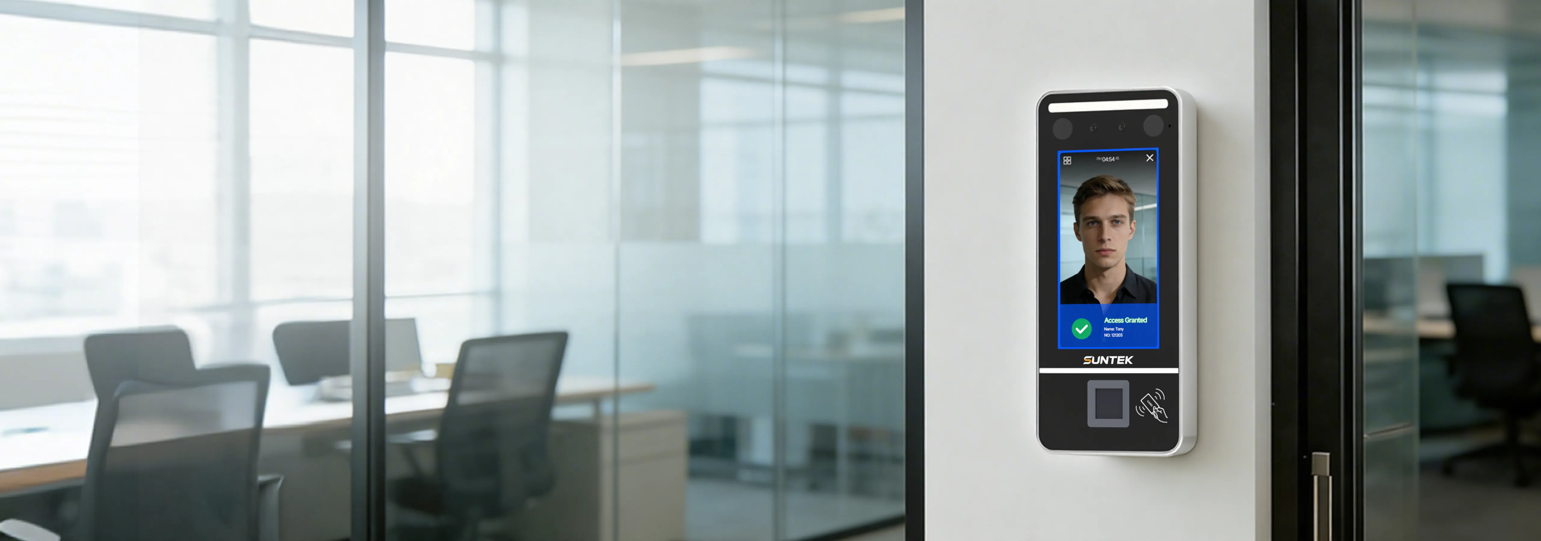 SUNTEK FL5 Linux Face Recognition Terminal installed at office entrance for secure indoor access control with contactless face authentication