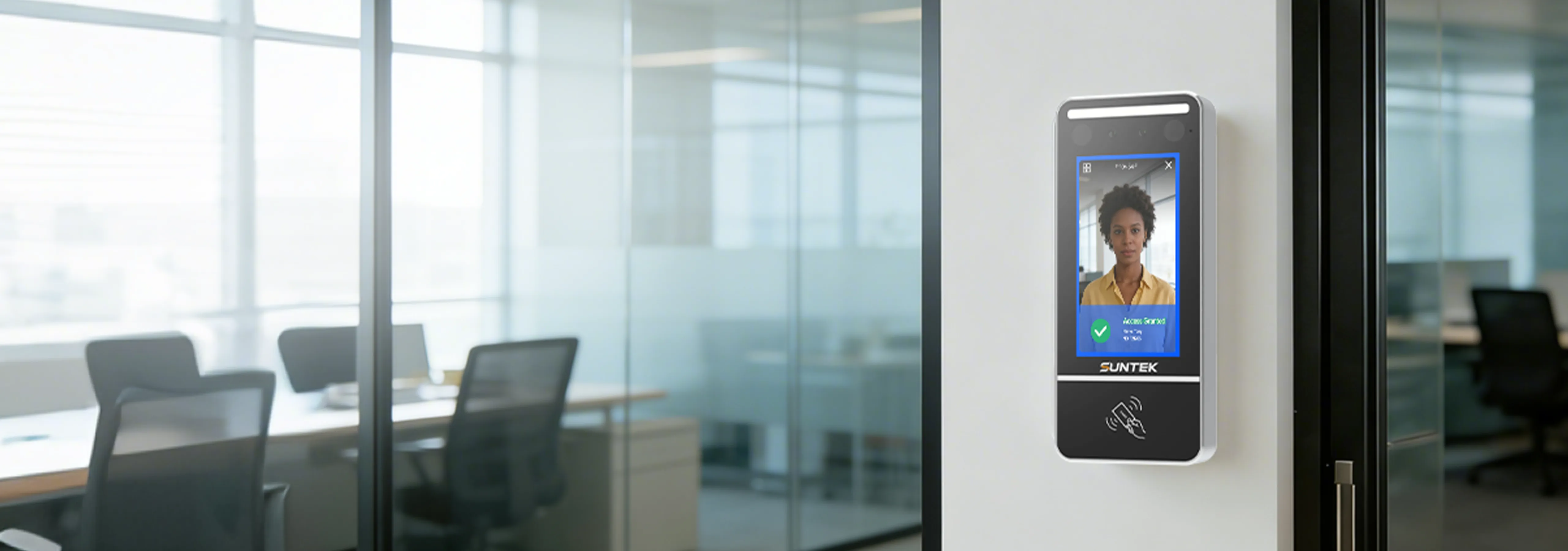 SUNTEK FL5 Linux Face Recognition Terminal installed at office entrance for secure indoor access control with contactless face authentication