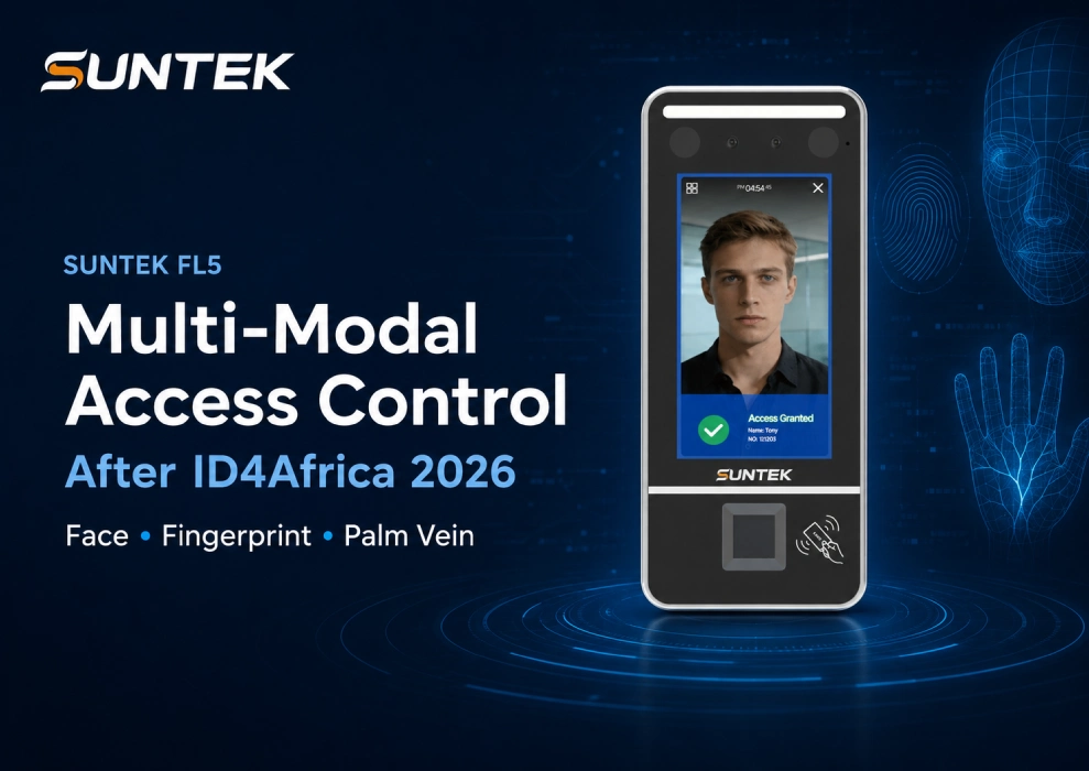 SUNTEK FL5 terminal showing multimodal biometrics for face fingerprint and palm vein access control after ID4Africa 2026