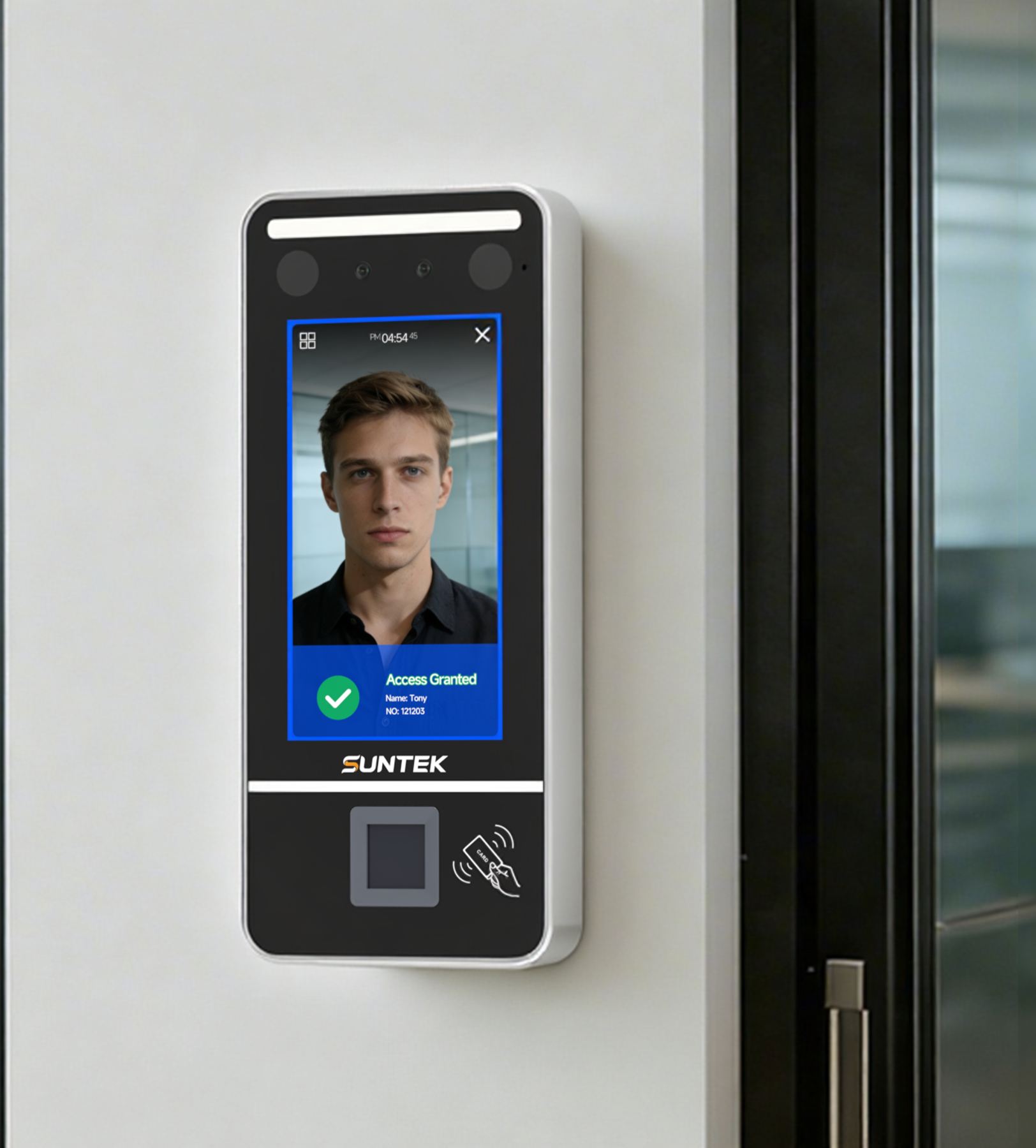 SUNTEK-FL5 PRO-Linux Face Recognition Terminal-Face Palm NFC Fingerprint Full Function-Wall mounted smart terminal in modern office-Secure Access Control Solutions