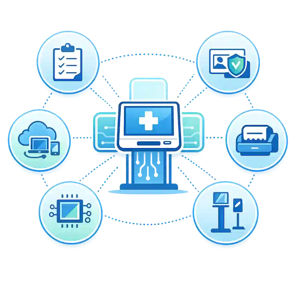 SUNTEK healthcare patient check-in kiosk solution features for self-service registration, identity verification, queue ticket printing and device management