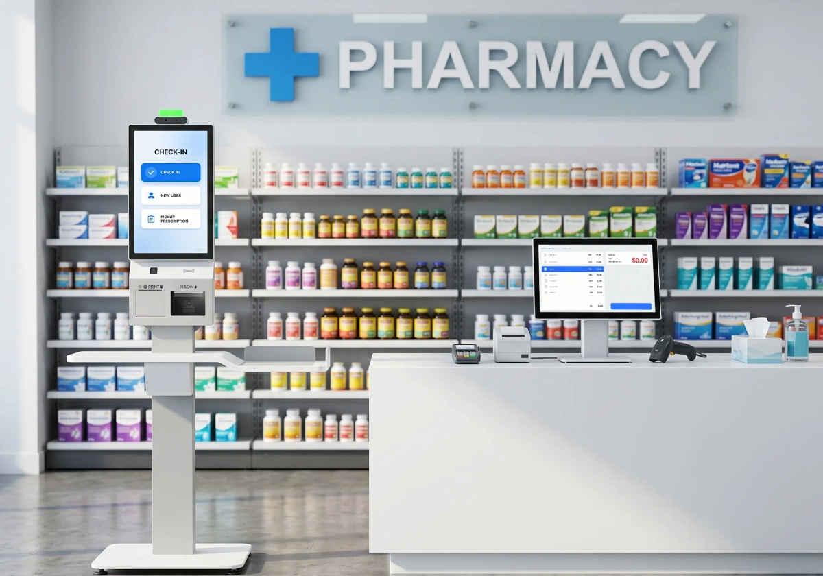 SUNTEK healthcare and pharmacy self-service kiosk with POS terminal for patient registration and pharmacy checkout