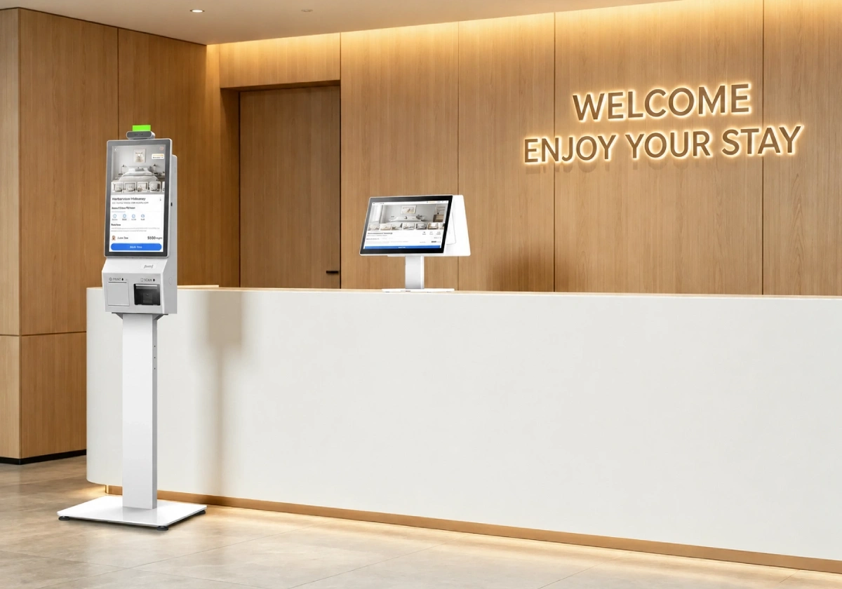 SUNTEK hospitality front desk hardware with self-service kiosk and POS terminal for hotel check-in and guest service