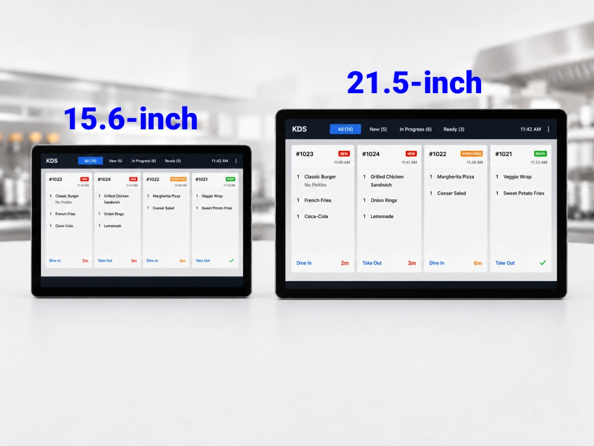SUNTEK KDS 15 inch and 21 inch kitchen display system size options for restaurant order display
