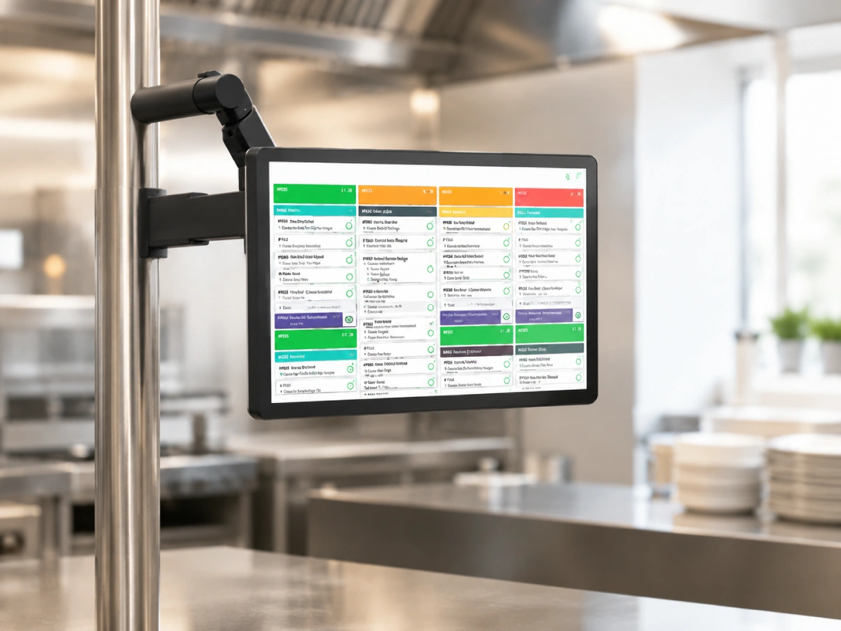 SUNTEK KDS arm mount installation for flexible restaurant kitchen display positioning