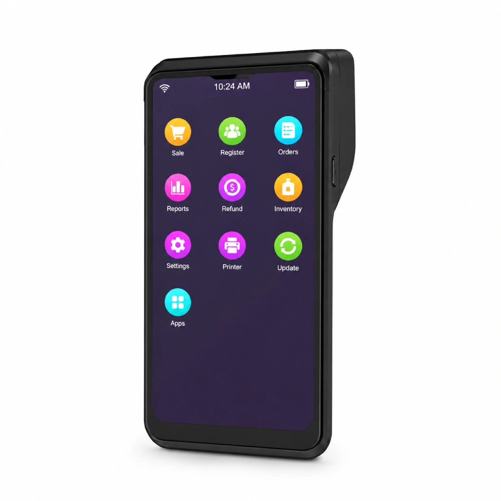 SUNTEK SM1 handheld POS terminal connected with KDS for mobile restaurant order workflow