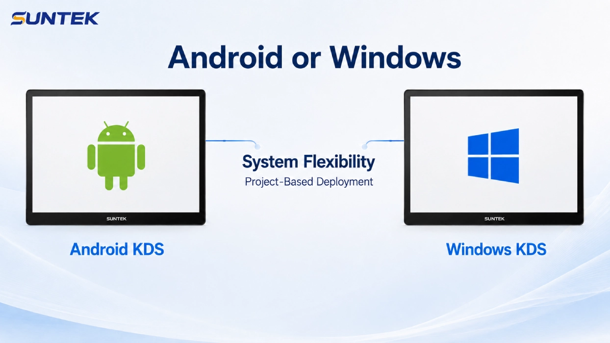 SUNTEK KDS Hardware with Android 14 and Windows 10 system flexibility for restaurant kitchen display system deployment