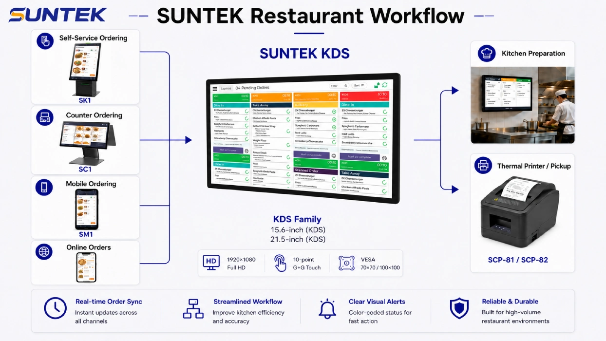 SUNTEK Kitchen Display System workflow connected with POS kiosk handheld POS printer and kitchen order management