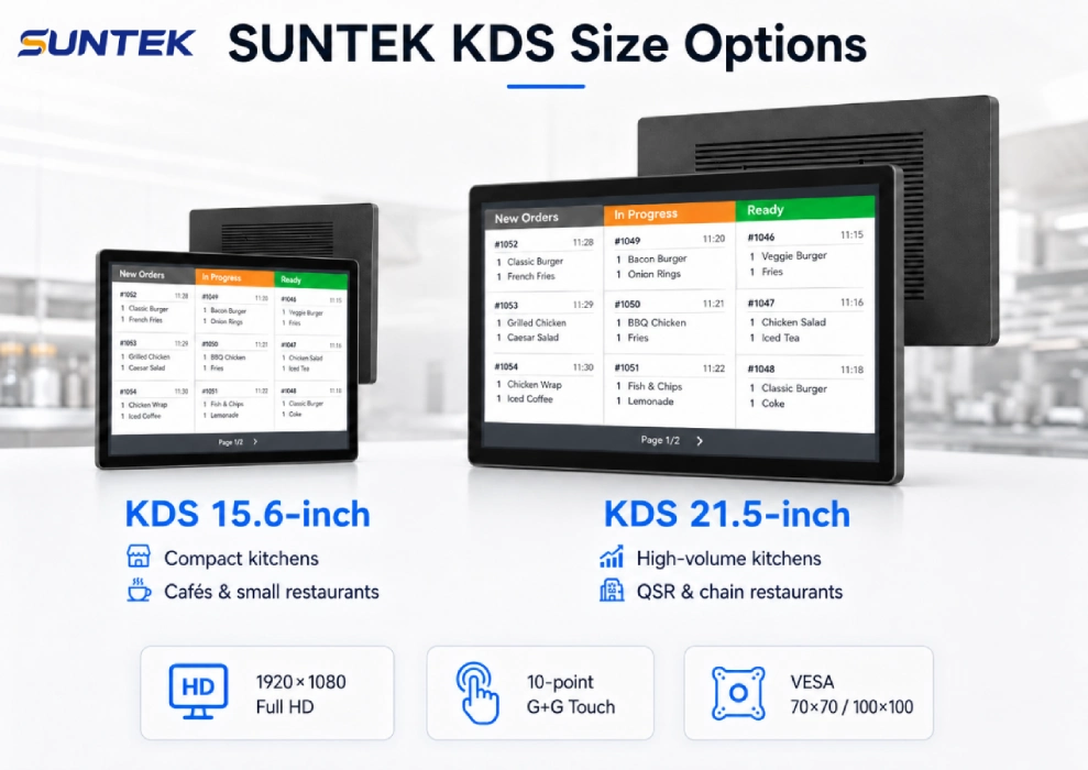 SUNTEK Kitchen Display System size options with KDS15 15.6-inch and KDS21 21.5-inch screens for commercial kitchen workflows