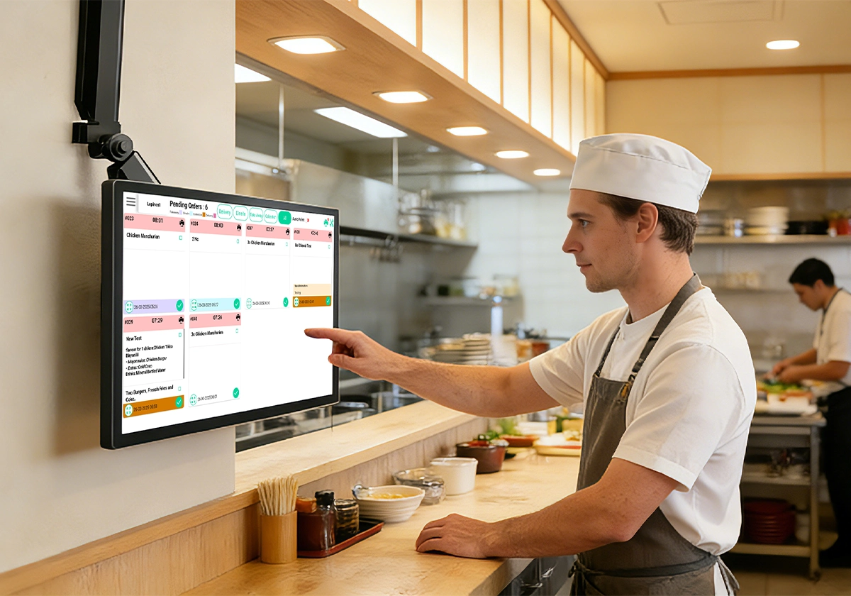 SUNTEK KDS restaurant kitchen touchscreen operation for takeaway delivery and pickup workflows