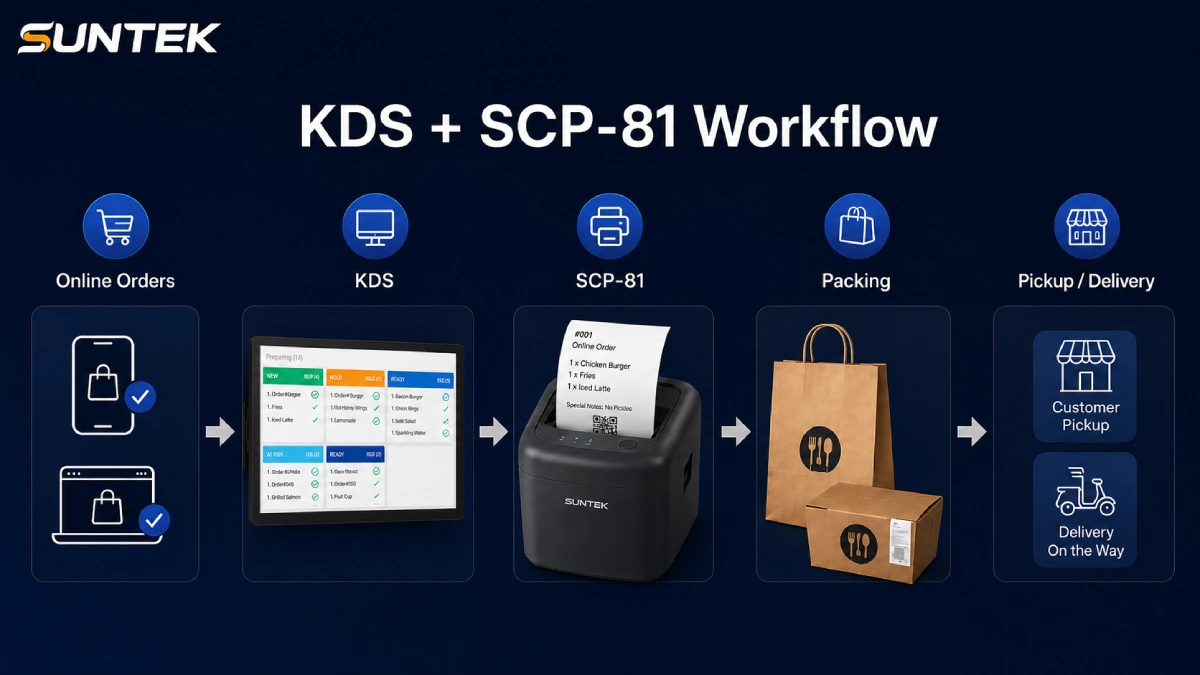 SUNTEK KDS and SCP-81 workflow for online food orders, packing, pickup, and delivery