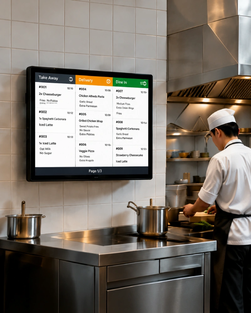 Kitchen preparation workflow supported by SUNTEK KDS display hardware